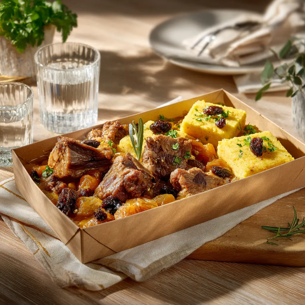 Agneau et dinde confit au miel et épices, polenta aux fruits secs (raisins, abricots, pruneaux)