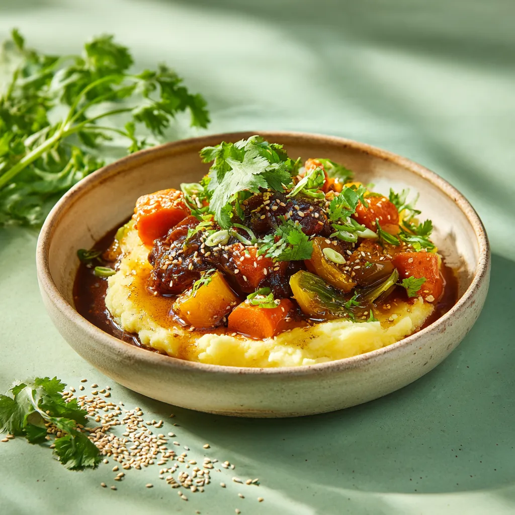 Confit végé sauce aux olives, carottes confites et écrasé de pommes de terre à l'huile d'olive