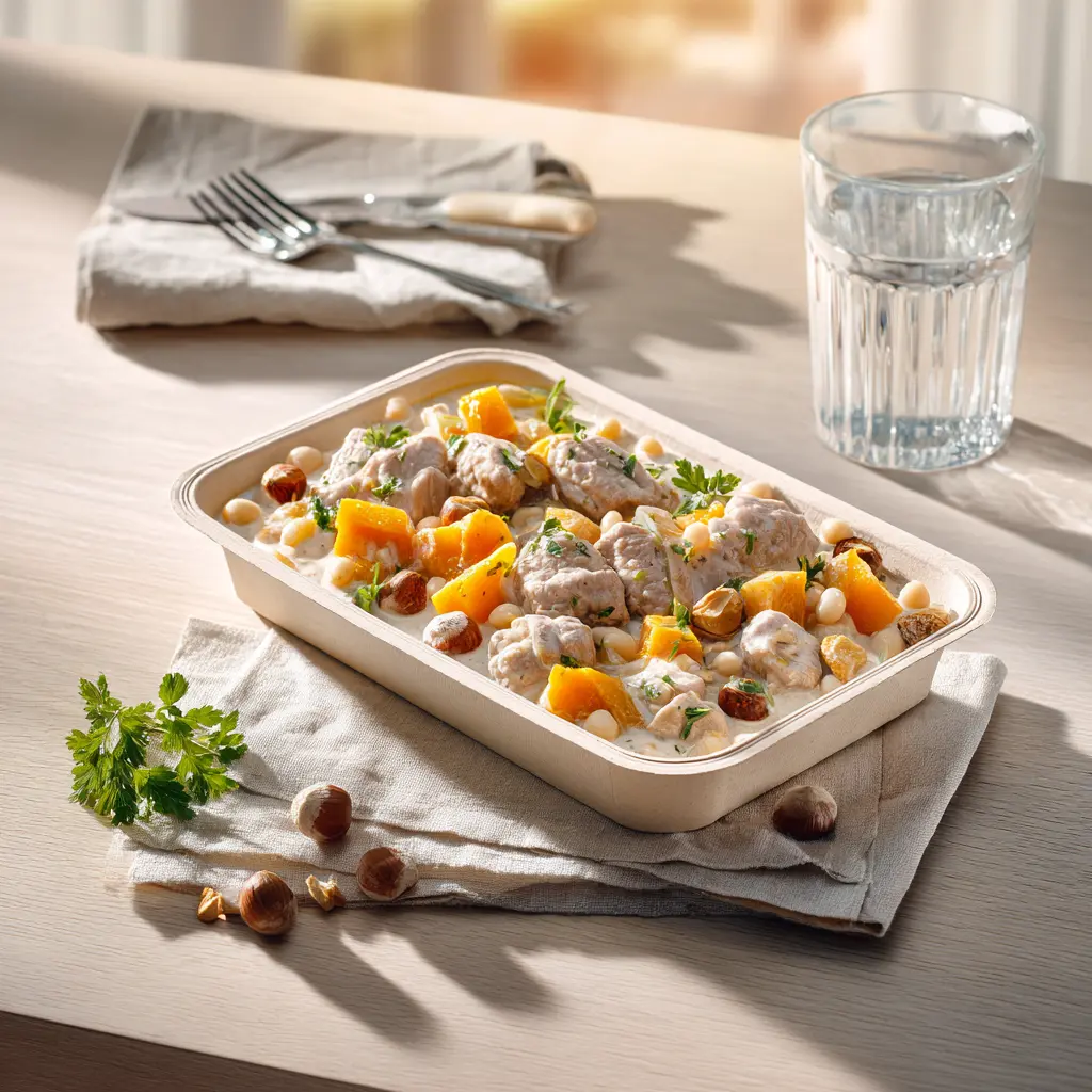 Blanquette de veau, mijoté d'automne aux haricots blancs (Potimarron, châtaignes, noisettes)et grenailles