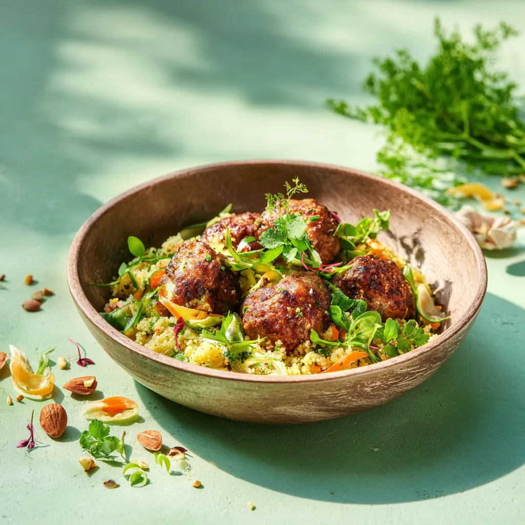 [6926] Bouchée de soja tomate sauce marocaine, Semoule aux légumes et épices