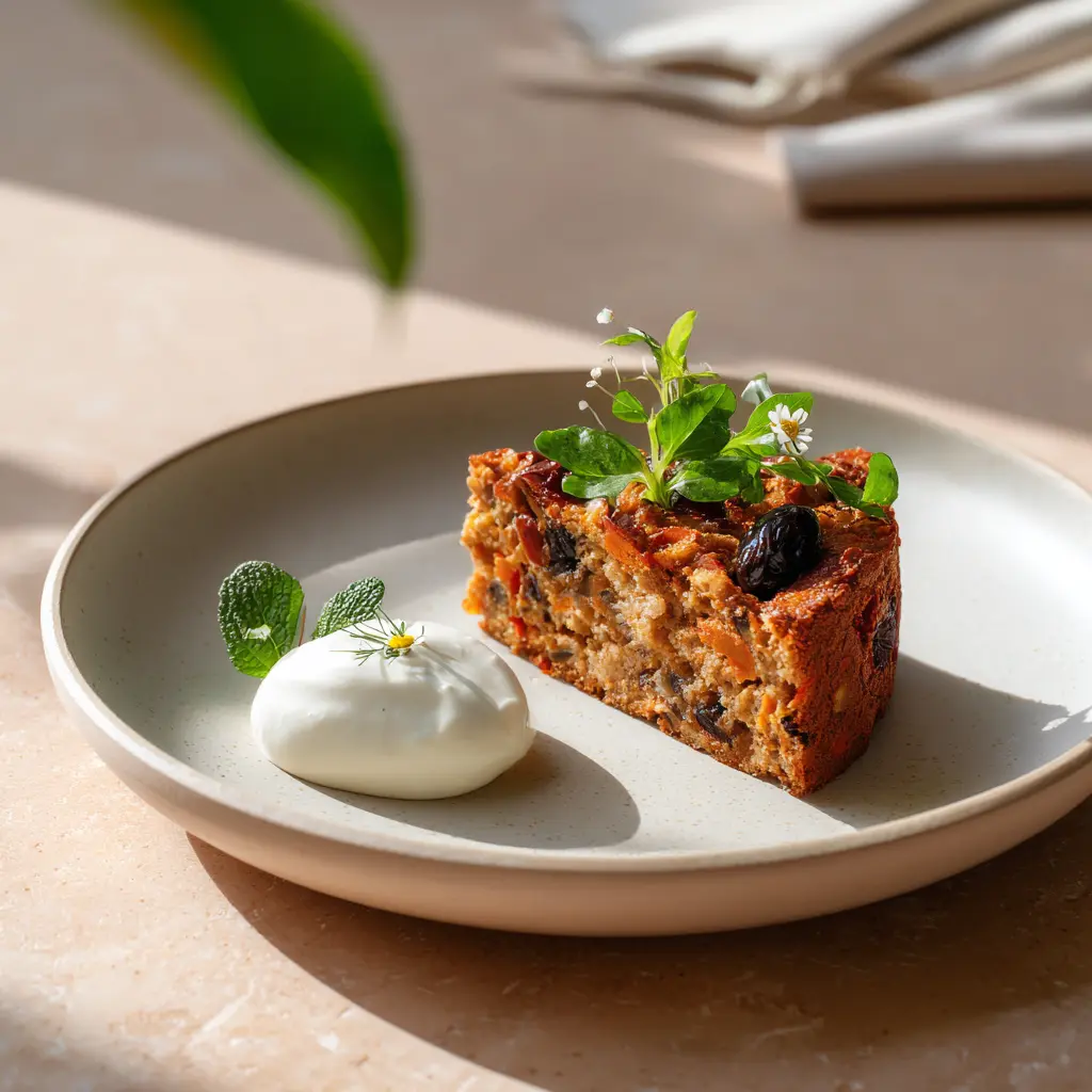 Cake aux tomates et olives, crème ciboulette et mesclun