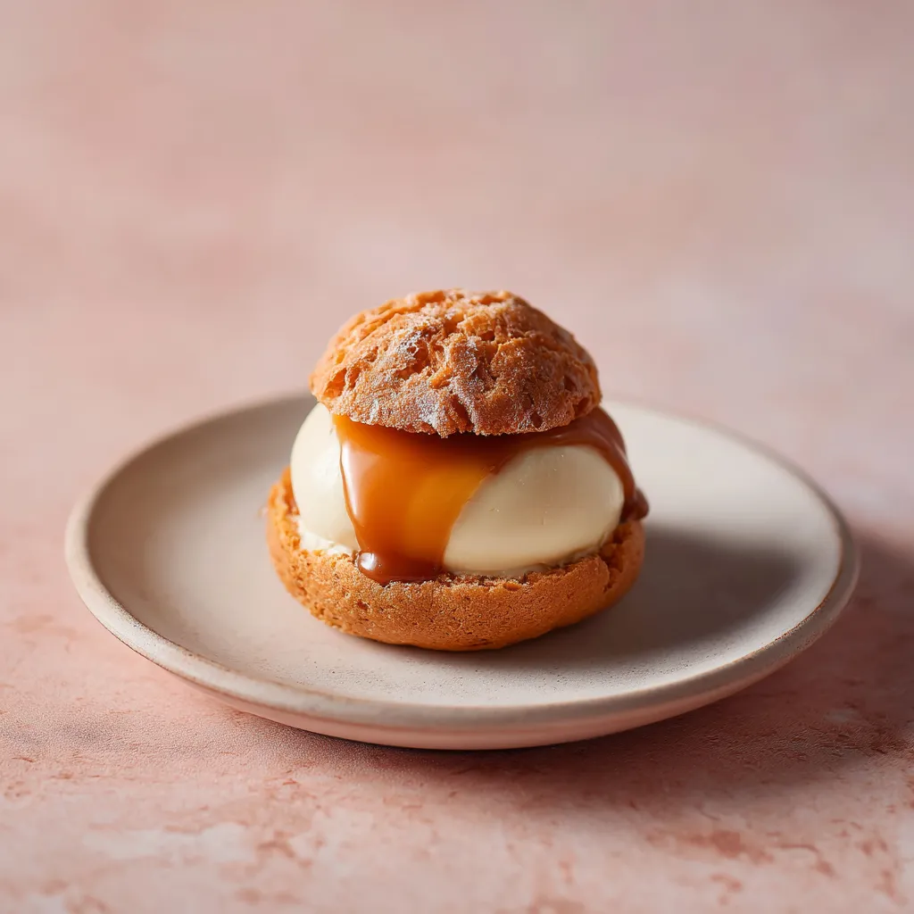 Chou craquelin, Mousseline vanille, Caramel coulant