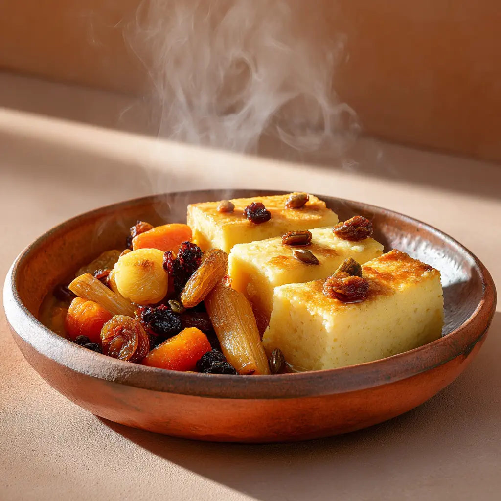 Confit végé au miel et aux épices, polenta aux fruits secs (raisins, abricots, pruneaux)
