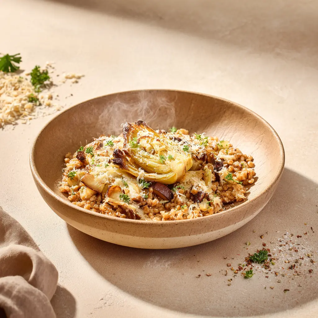 Emincé de blé à la forestière, endives gratinées au comté