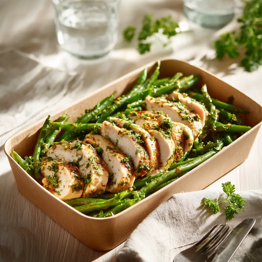 Emincé de poulet rôti aux herbes, haricots verts en persillade