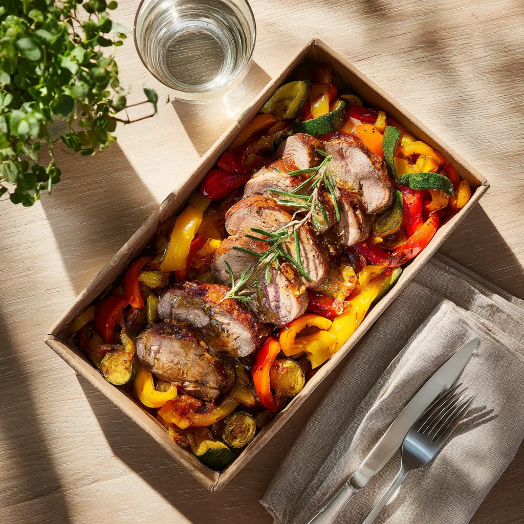 [6029] Filet mignon de porc à la provençale, piperade de légumes en timbale et poivrons confits