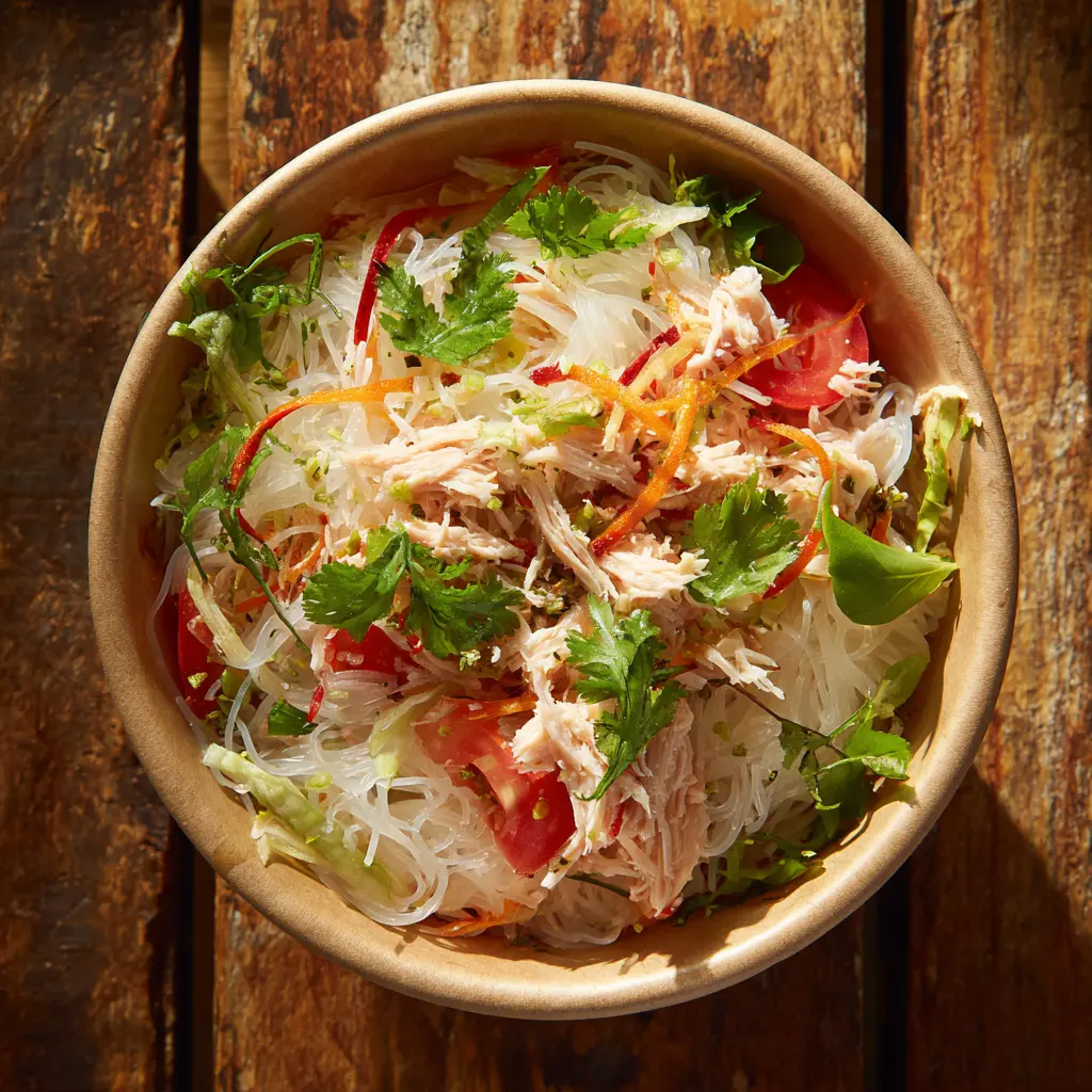 Fraich'Bol Asiatique (vermicelle de riz, thon, légumes Thaï, salade, tomates), sauce asiatique (sauce soja, coriandre, gingembre)