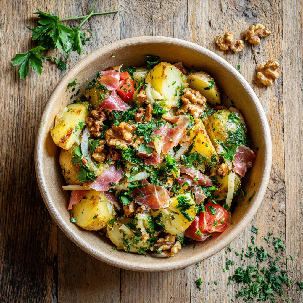Fraich'Bol Campagnolo (pommes de terre, tomates, pomme, persil, noix et chiffonnade de coppa ), vinaigrette à la noix