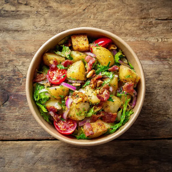 Fraich'bol Landais (Pomme de terre, lardons, gesiers confits, tomates, salade, crouton), vinaigrette framboise