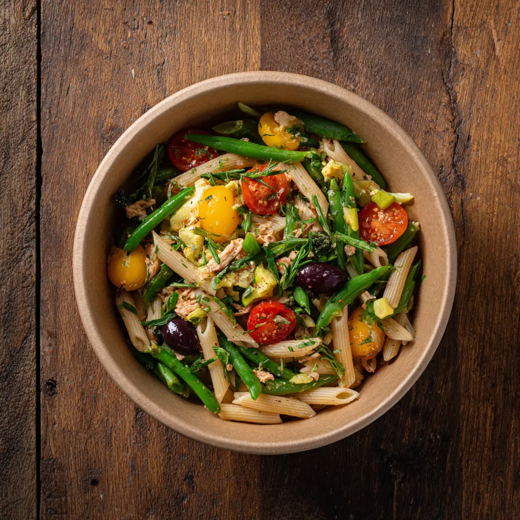 Fraich'Bol Niçois (Mini Penne, thon, œuf, haricots verts, tomates, salade, olives noires, câpres), vinaigrette olive