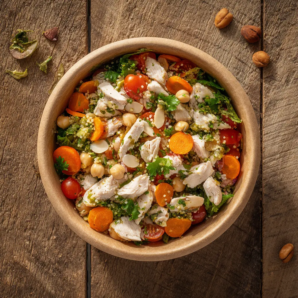 [5993] Fraich'Bol Oriental (semoule, poulet, tomates marinées, carottes, pois chiches, amandes, coriandre), sauce épices