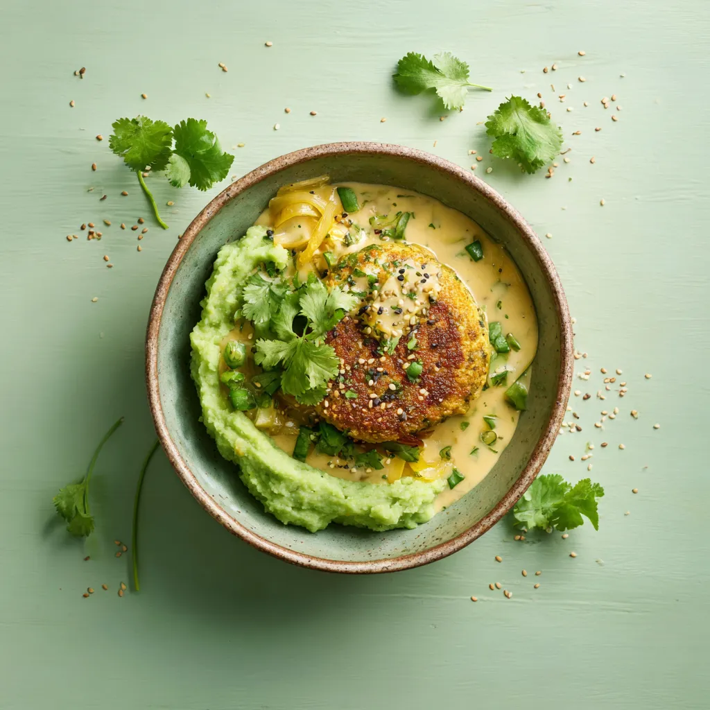 galette de blé aux oignons sauce poivre vert, purée de pomme de terre aux epinards