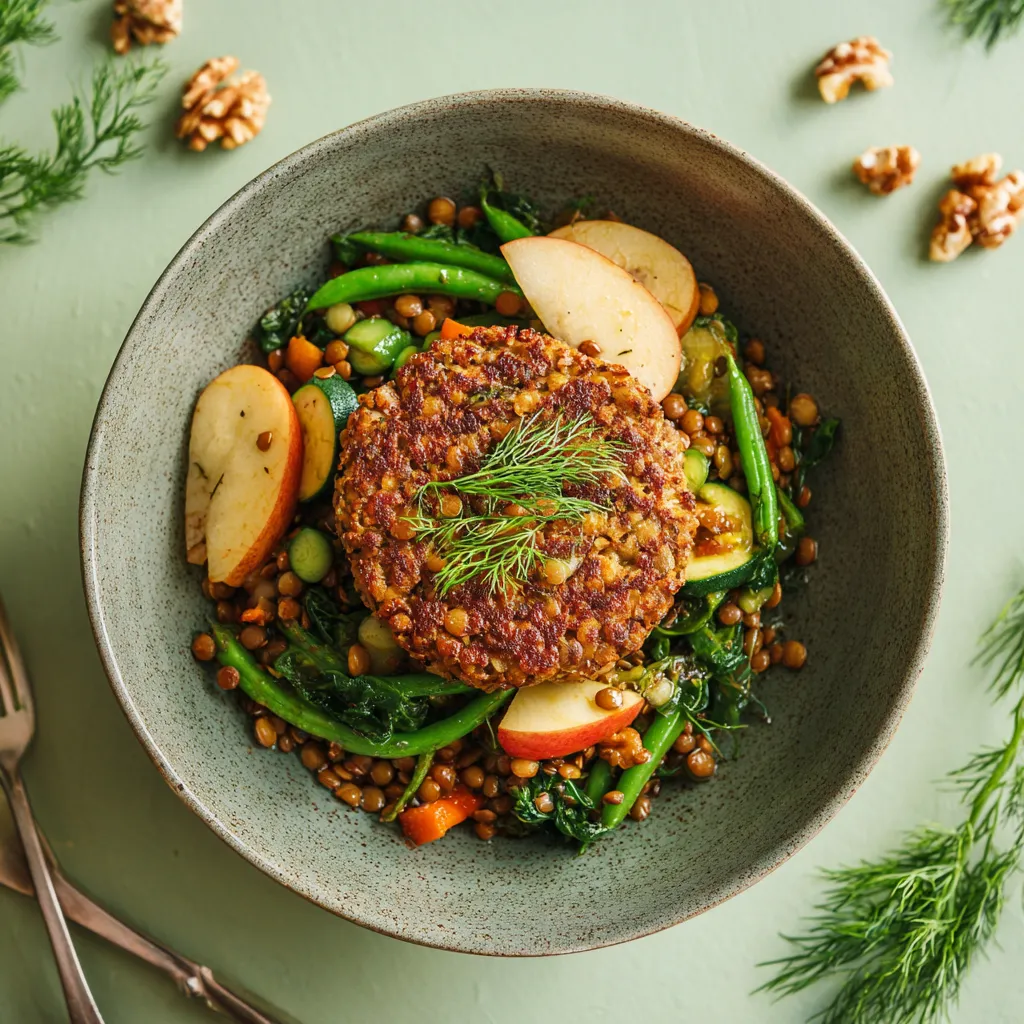 [4783] Galette de boulgour et lentille corail à l'aneth, poêlée de légumes verts et pommes vapeur