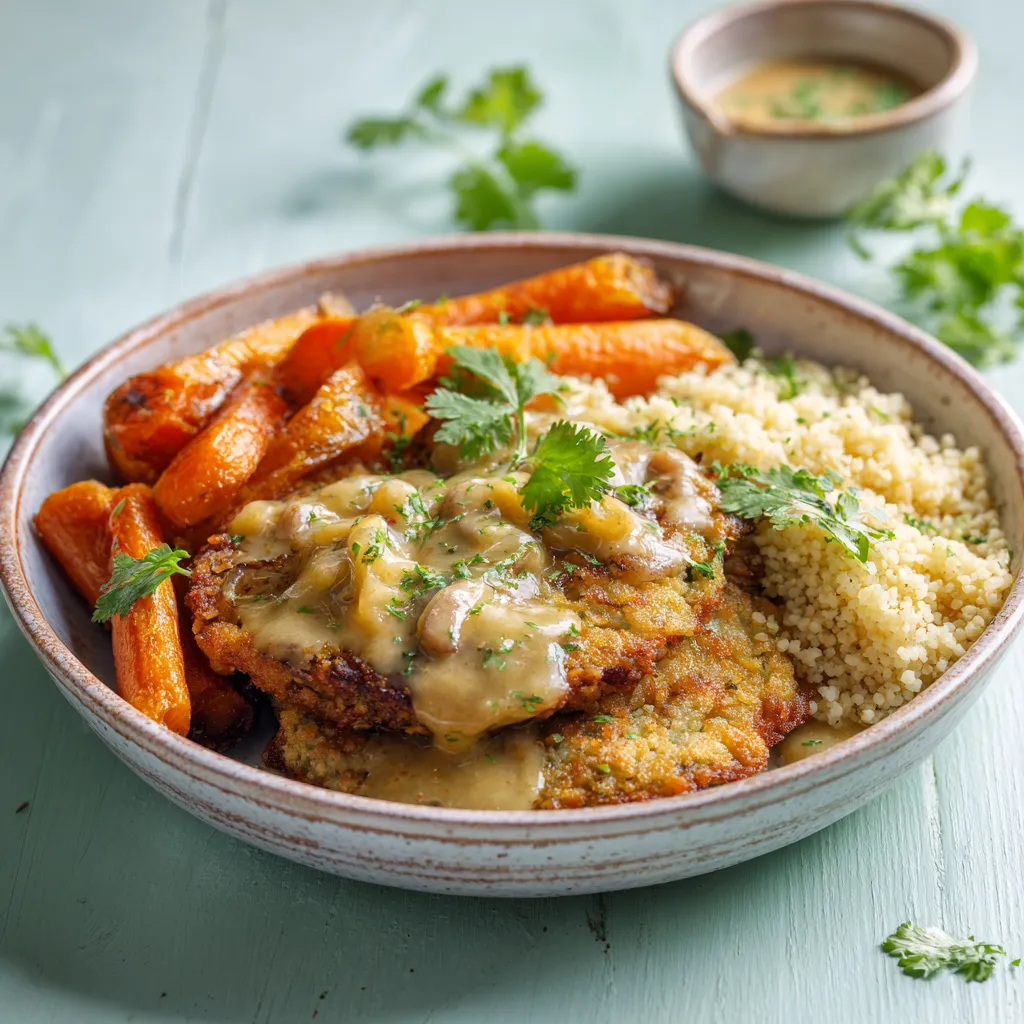 Galette de haricot azuki crème marinière, boulgour pilaf et carottes Vichy