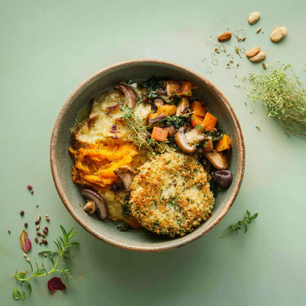 Gratin de patate douce, poêlée d 'automne et galette de haricot azuki