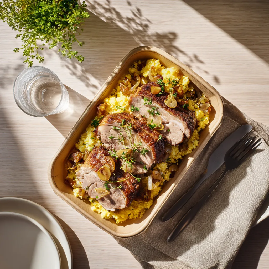 [4287] Longe de porc aux oignons caramélisés et sa polenta de maïs aux fruits secs