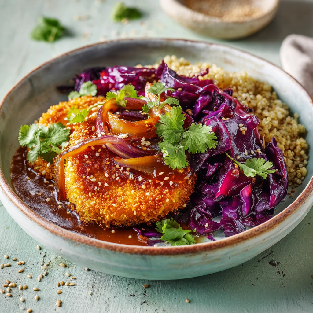 Pané de blé sauce aux olives, Chou rouge confit et quinoa