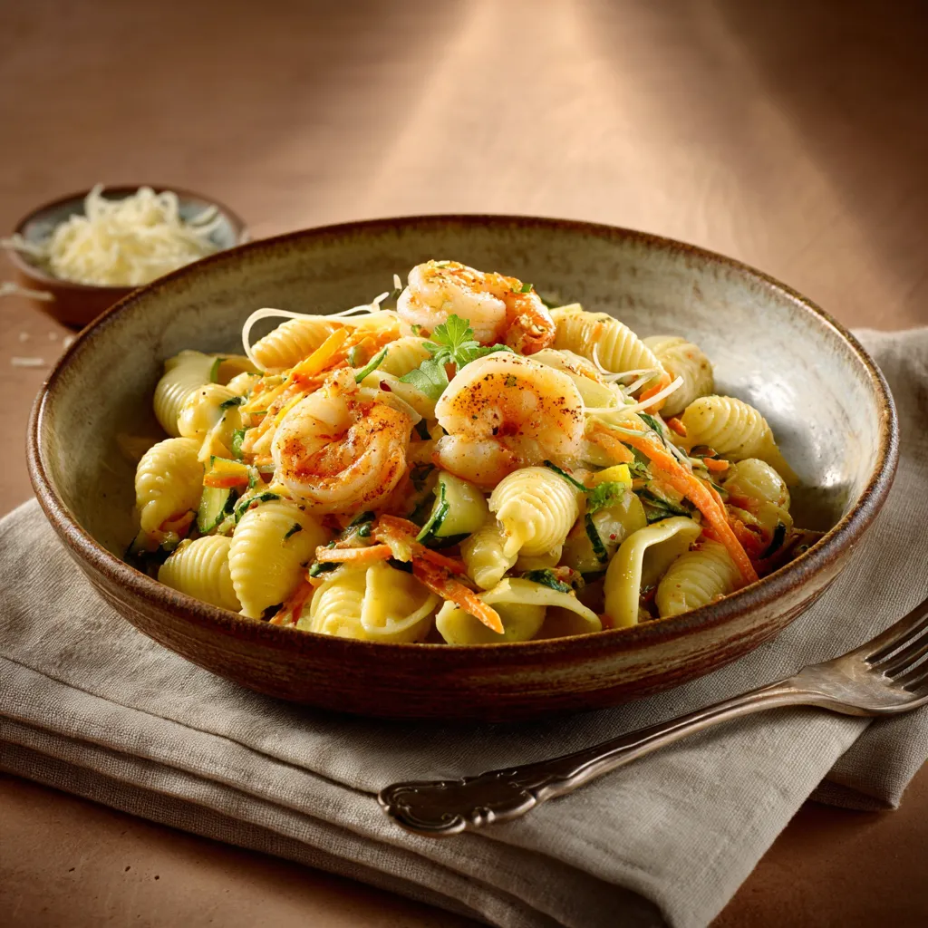 Pasta du jour conchigli aux crevettes cajun et julienne de légumes à l'étuvée