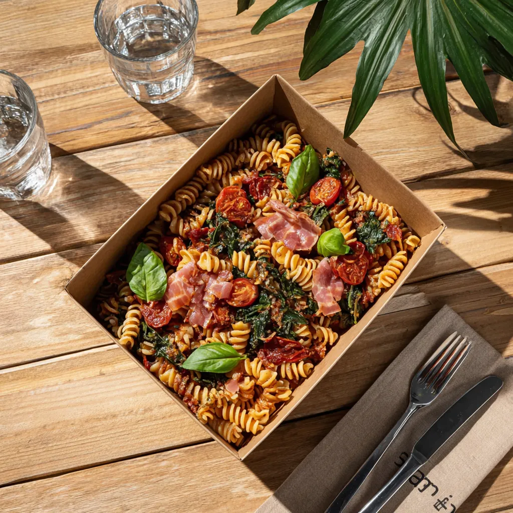[4733] Pastas du jour Fusilli épinard tomate aux basilic frais, jambon de pays et tomates confites