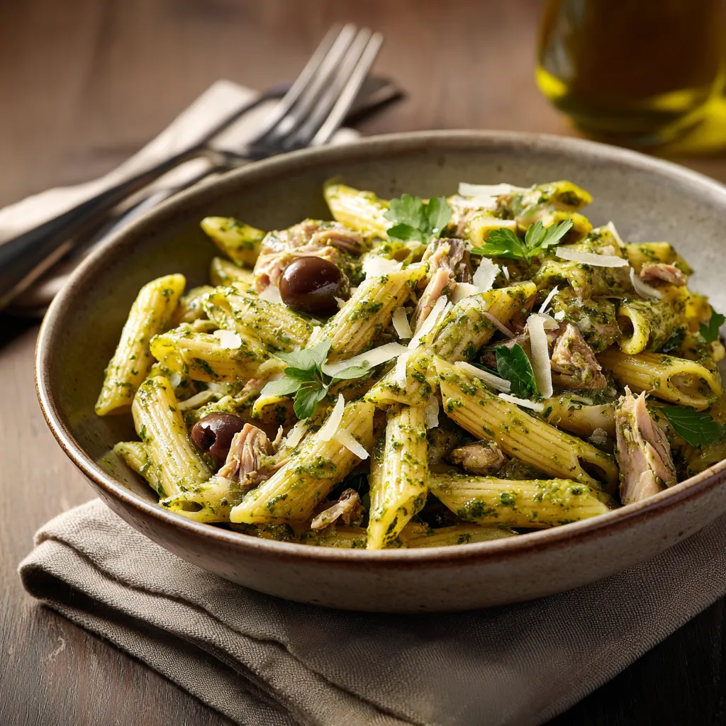 [4642] Pastas du jour Penne Rigate pesto vert, thon et olives