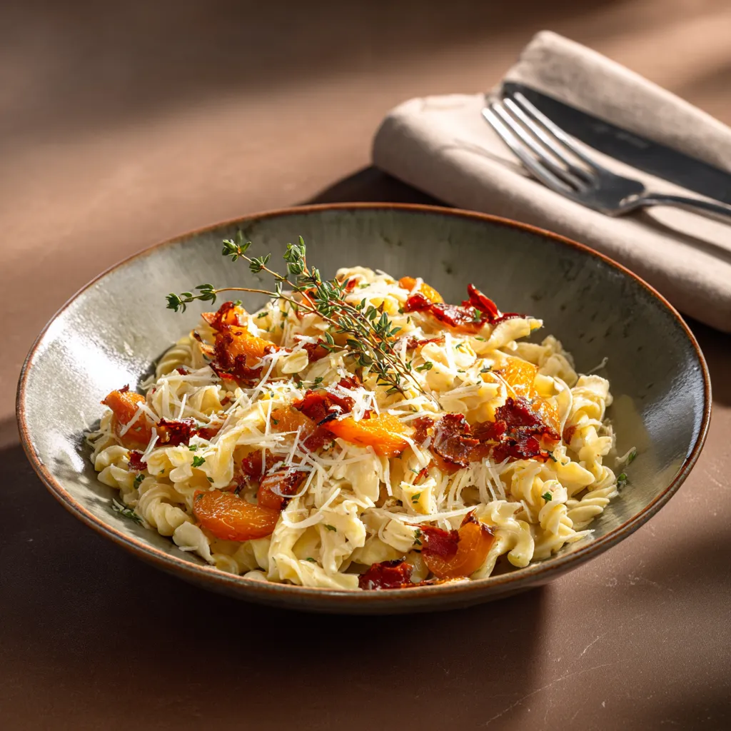 [5298] Pastas du jour Serpentini aux lardons et aux abricots