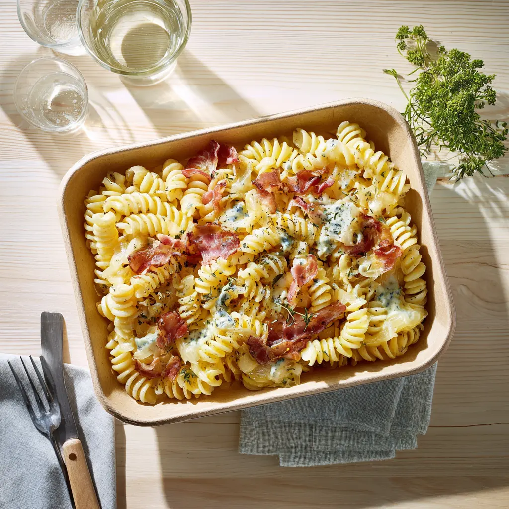 Pastas du jour Torti aux  lardons, poire et Roquefort