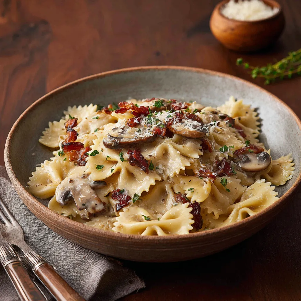 Pastas farfalles aux champignons et lard fumé