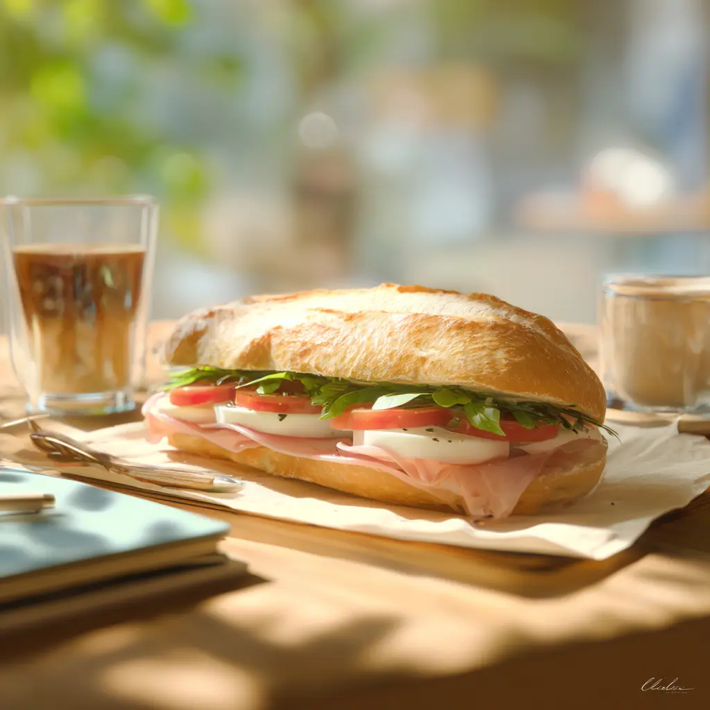 Pique -Mie "l'Italien"(Baguette sandwich, jambon, mozzarella, pesto, tomates)