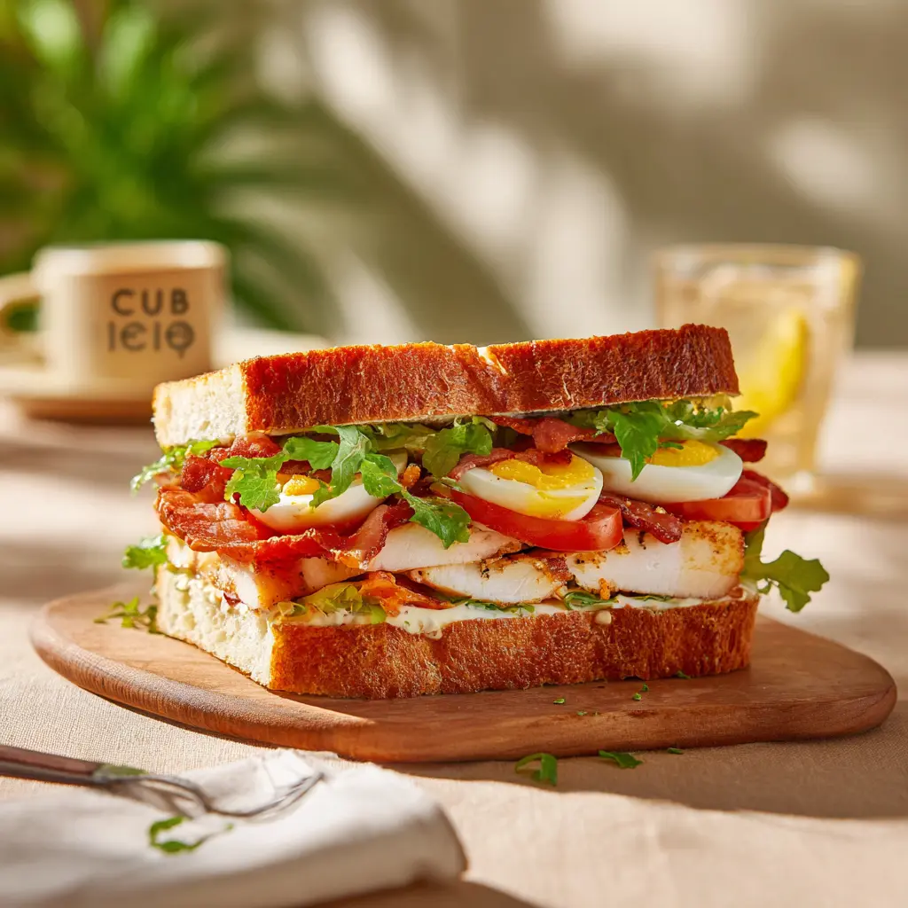 [6155] Pique -Mie "Le Club" (pain de mie, poulet, bacon, œuf, salade, tomate, mayonnaise)