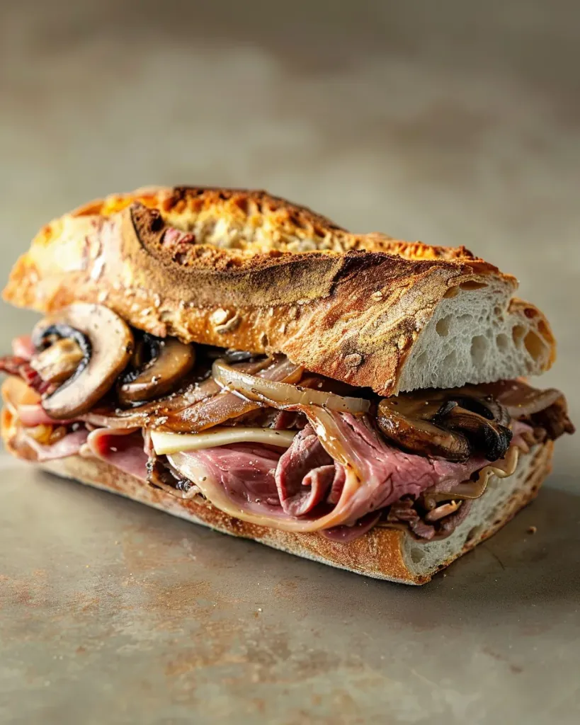 Pique -Mie "Rosbeef" (pain Ciabatta , rôti de bœuf, champignons cuits, oignons cuits, brie, moutarde à l'ancienne)