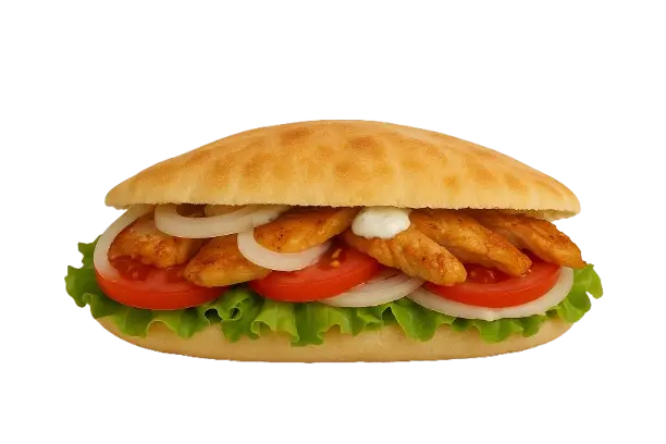 Pique- Mie "Libanais" (pain kébab, filet de dinde, tomates, oignons, salade, sauce blanche)