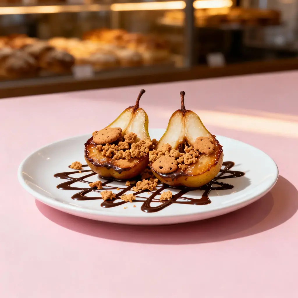 Poire rôtie, crumble au cookie et sauce chocolat