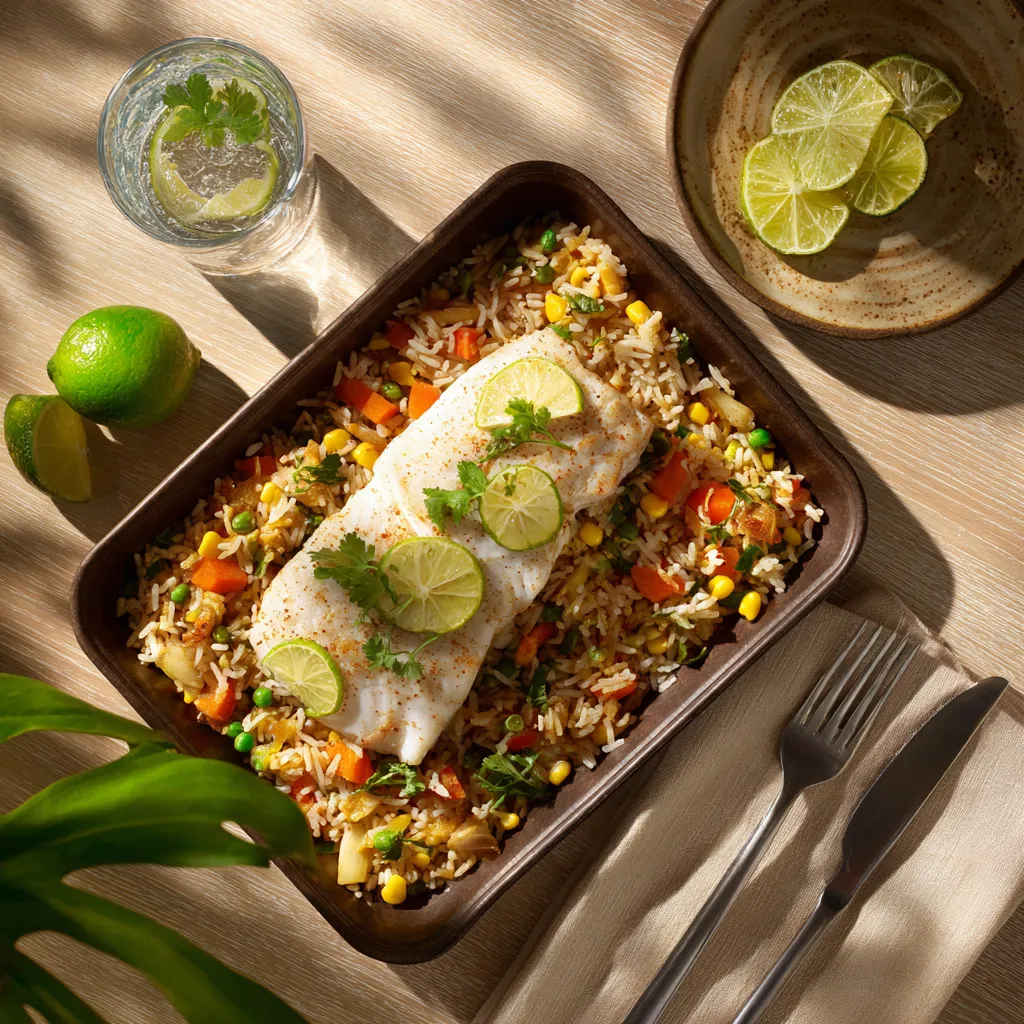 [3679] Poisson du jour ( colin ) au citron vert, riz cantonais