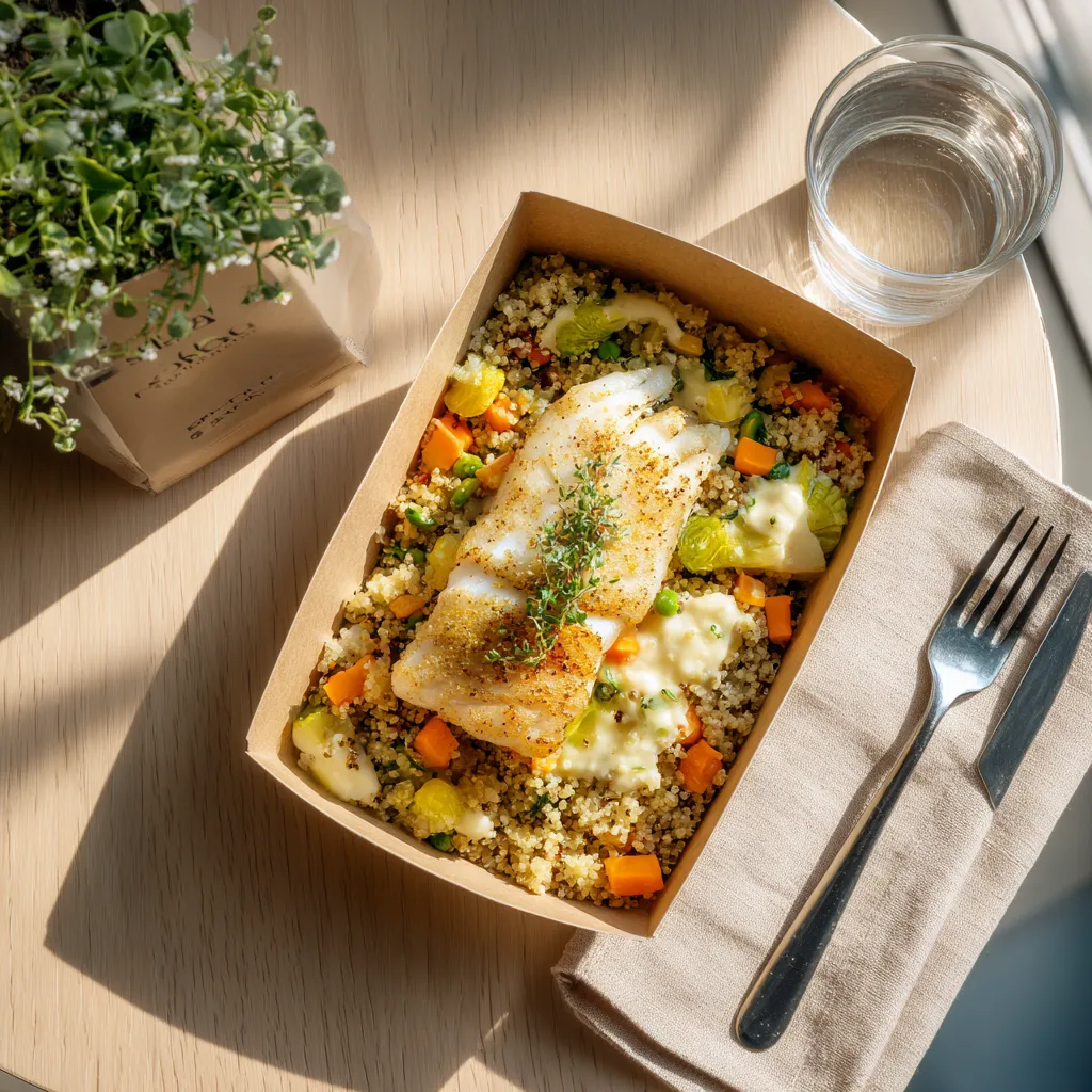 Poisson du jour (colin) fondue de poireaux, quinoa et petits légumes