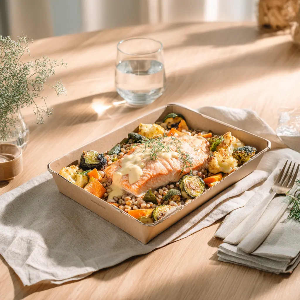 Poisson du jour (saumon) crème nantaise, Céréales gourmandes et légumes rôtis