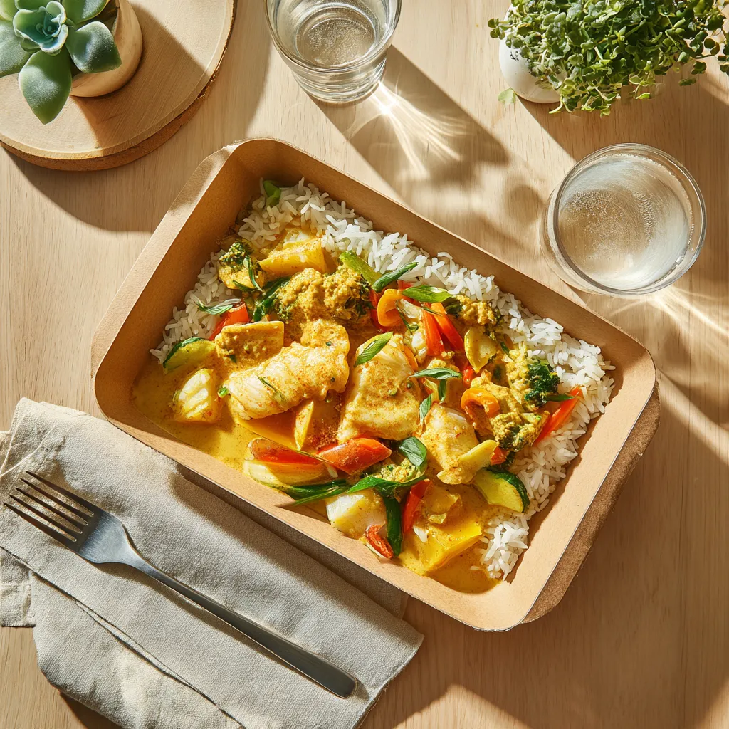 [3995] Poisson du jour Curry au lait de coco, riz basmati et ses légumes