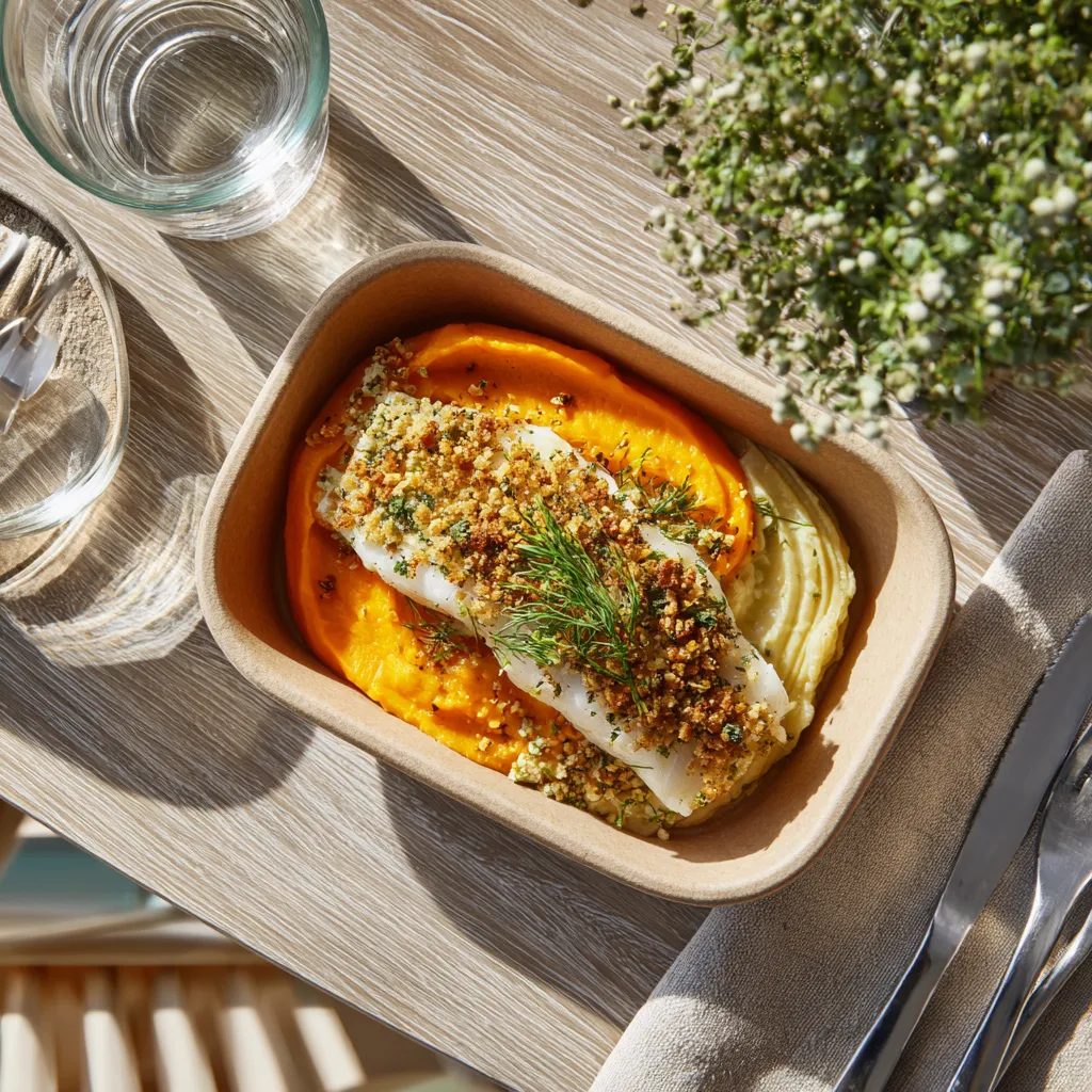 Poisson du jour et son crumble à l'aneth, purée de carottes