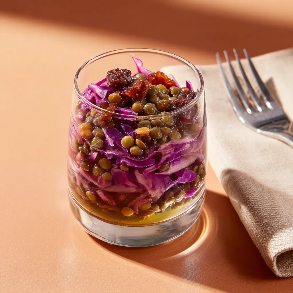 Salade de lentilles vertes, chou rouge et raisin sec, vinaigrette au cidre à la part