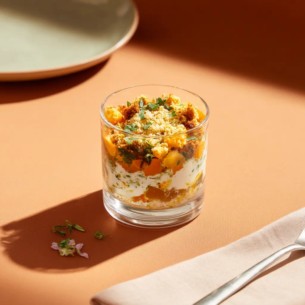 Verrine de légumes et crumble au curry