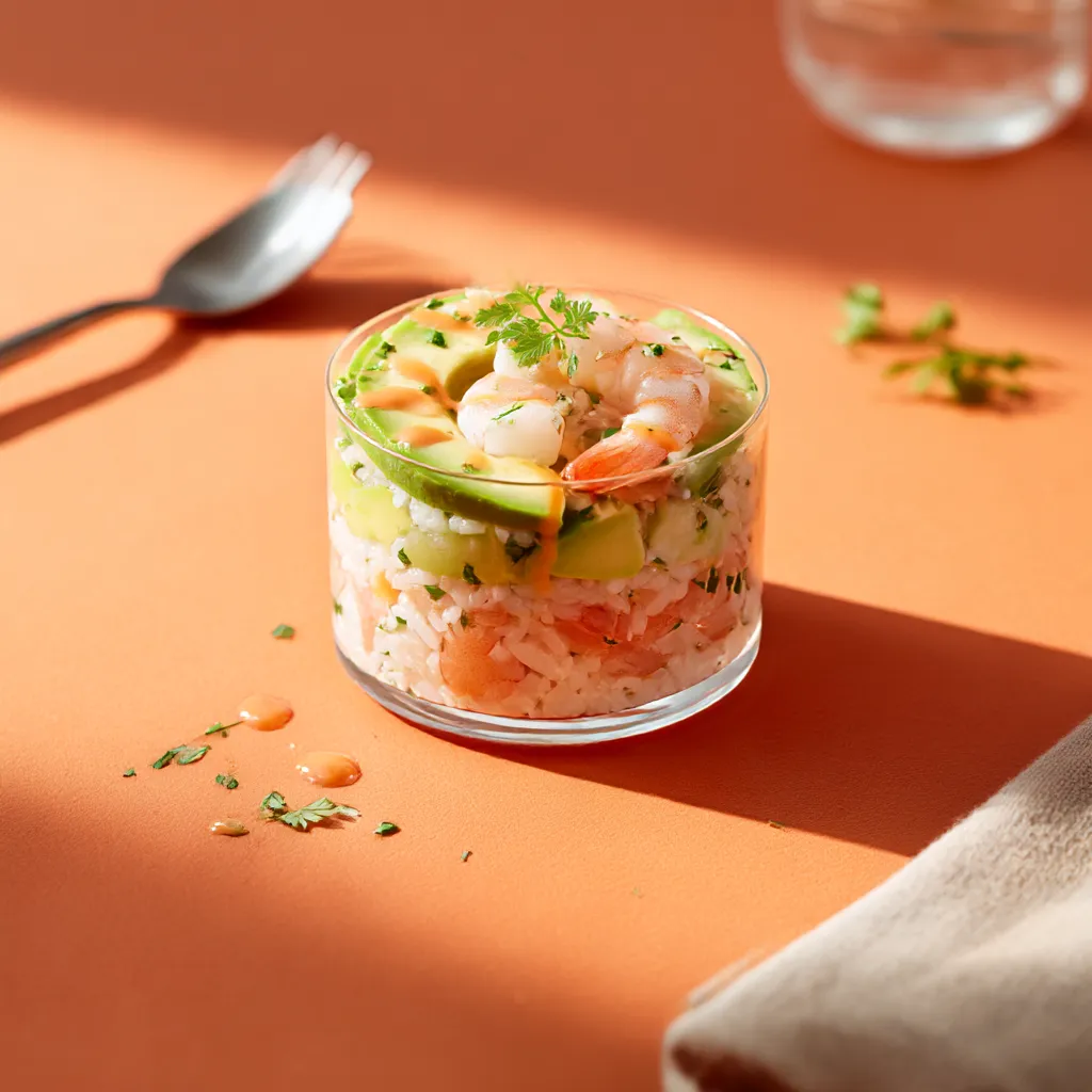 [2774] Verrine de riz exotique (avocat, crevettes, pamplemousse, sauce cocktail)