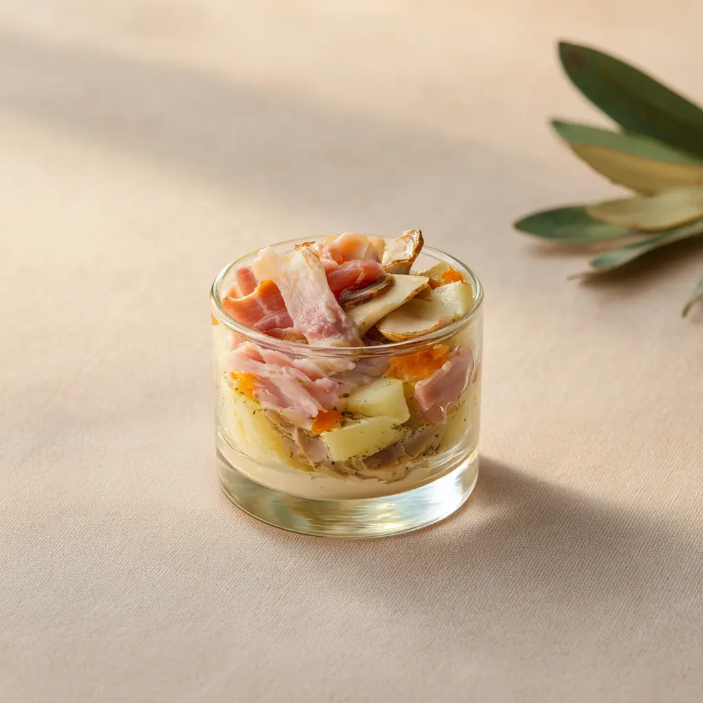 Verrine parisienne (pommes de terre, jambon, champignons, sauce parisienne)