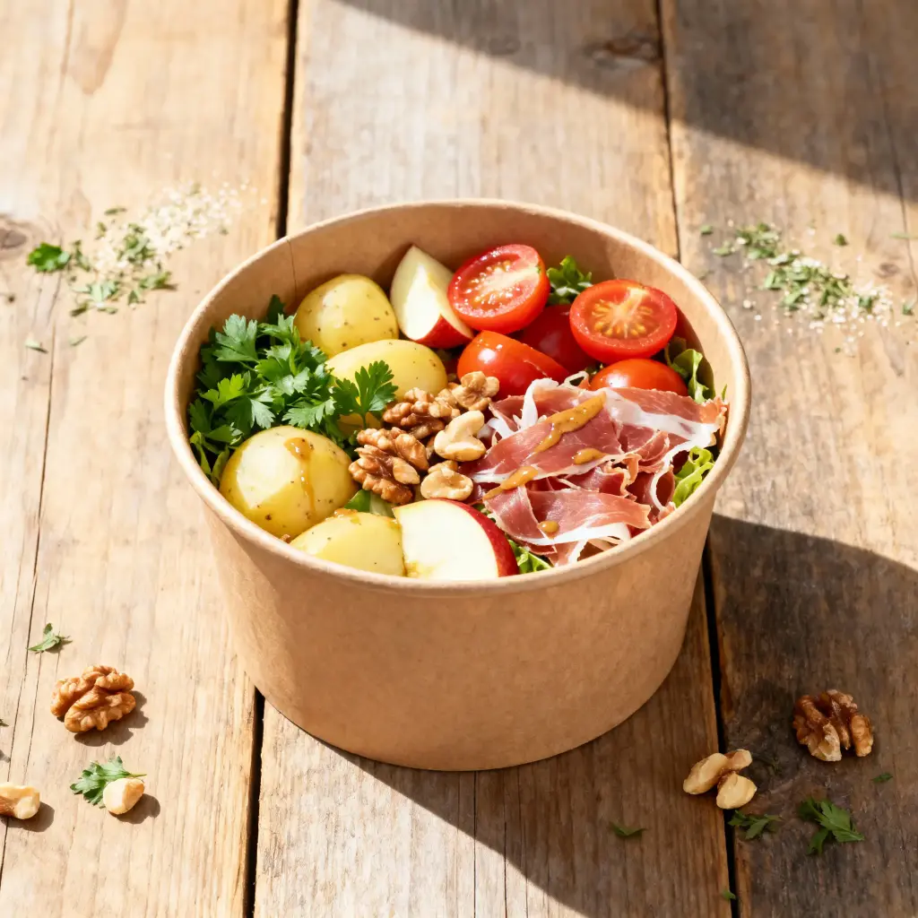 Fraich'Bol Campagnolo (pomme de terre, tomate, pomme, persil, noix et chiffonnade de coppa ), vinaigrette à la noix