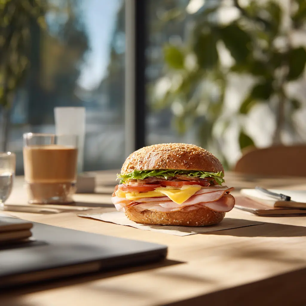 Pique- Mie "Le smoky" (pain brioché sésame, filet de dinde fumée, tomates, oignons, salade, sauce bbq, cheddar)